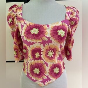 Free People Floral Puff Sleeve cropped Blouse - Pink and Orange